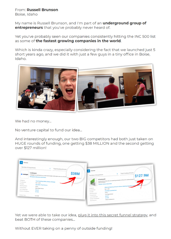 Long-Form Landing Page, ClickFunnels' Russell Brunson founders story.