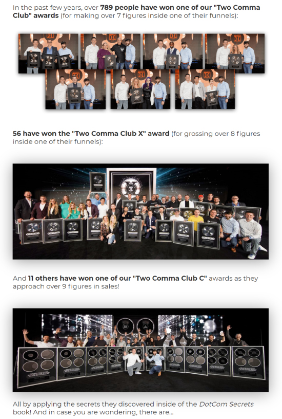 Long-Form Landing Page, ClickFunnels two comma club award pictorial.