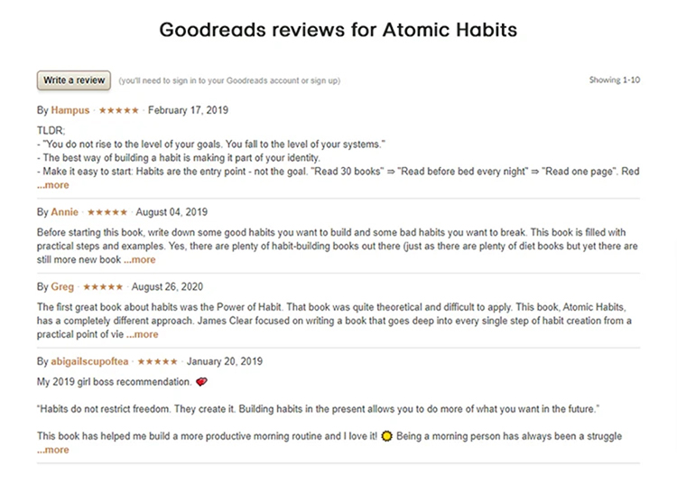 Atomic Habits book highlight as an Instant Worldwide Bestseller, Goodreads reviews.