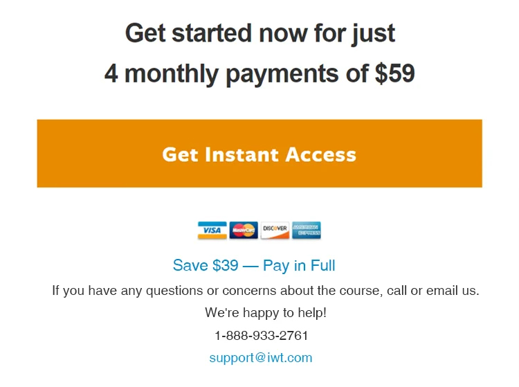 Clear call-to-action, get instant access button.