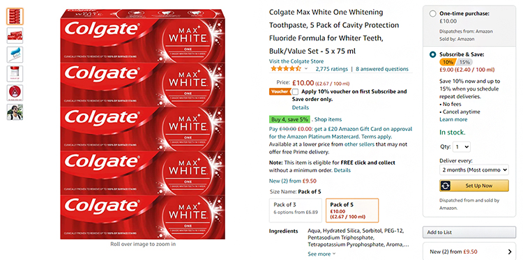 Colgate max white subscription upsell order page with dialog menu.