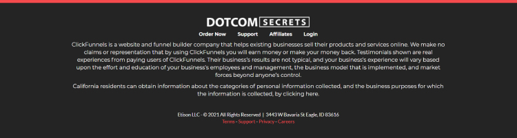 Long-Form Landing Page, ClickFunnels website footer with legal information.
