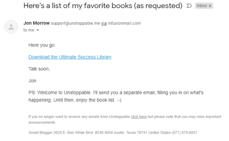 Email with requested list of books.