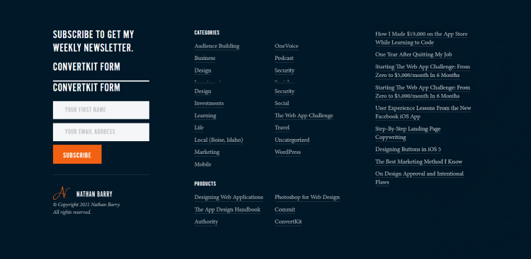 Squeeze Page as a Homepage, webpage footer with opt-in form.