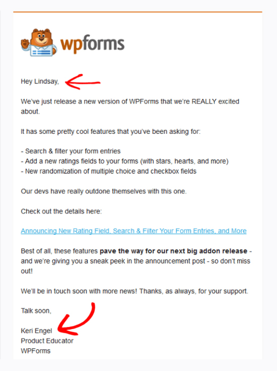 Using naming personalization in your email example.