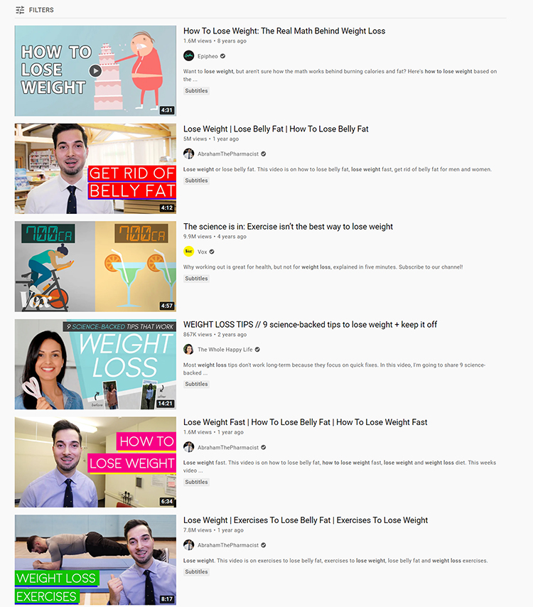 Youtube search engine results example.