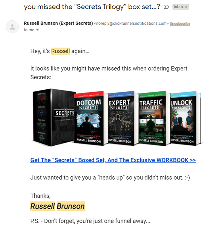 Clickfunnels, email follow-up example