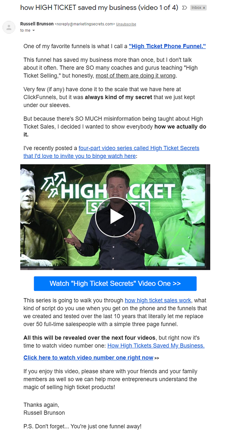Clickfunnels, part 1, Clickfunnels, email follow-up example