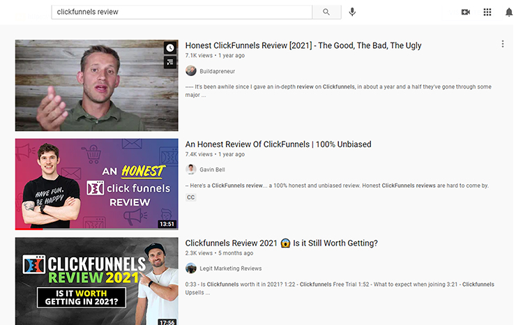 YouTube, Clickfunnels reviews search engine results page.