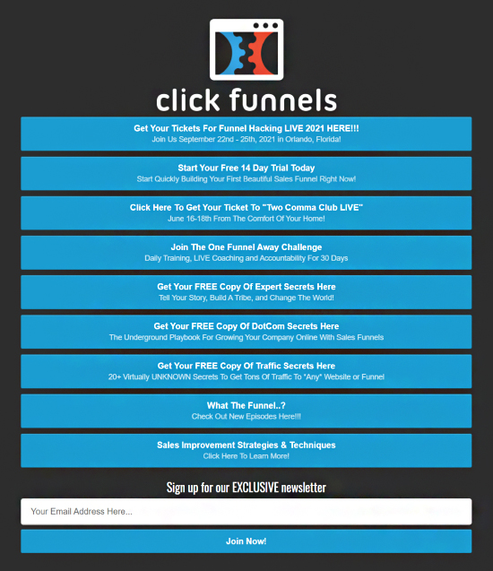 Build a Social Media Following, Clickfunnels, various lead magnet landing pages.