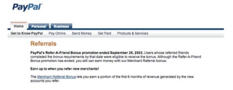 PayPal referral program offer.