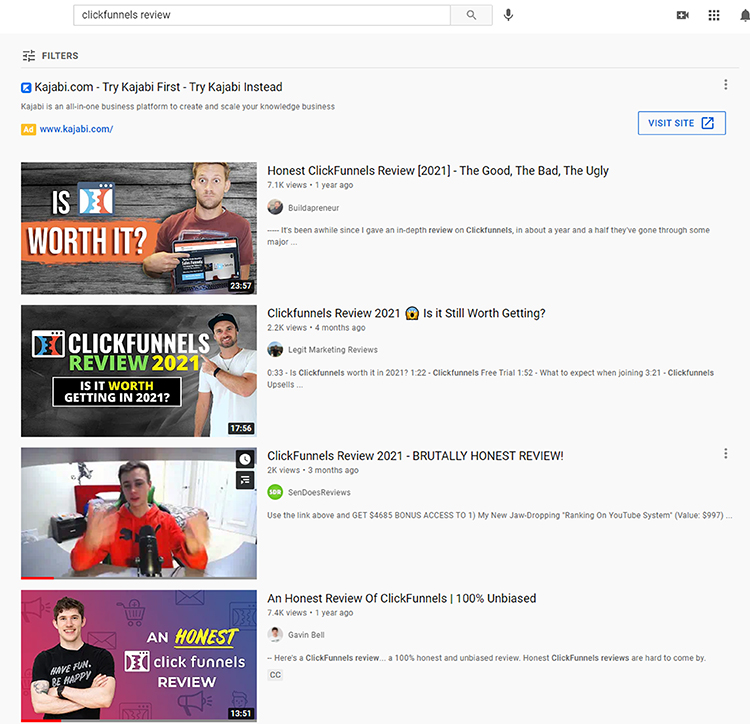 YouTube, Clickfunnels review search results webpage.