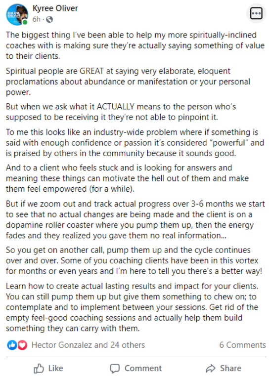 Kyree Oliver non salesy Facebook post example.