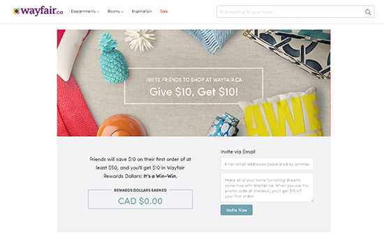Wayfair, referral program example.