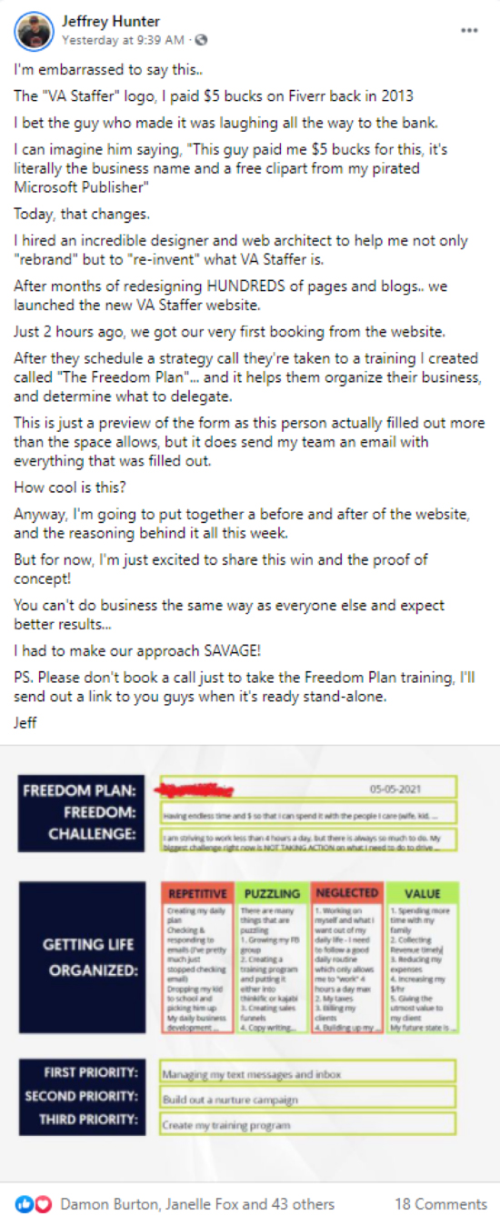 Jeffery Hunter Facebook post example.