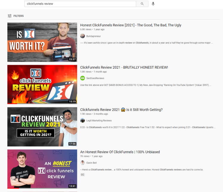 Clickfunnels review, YouTube search results page.