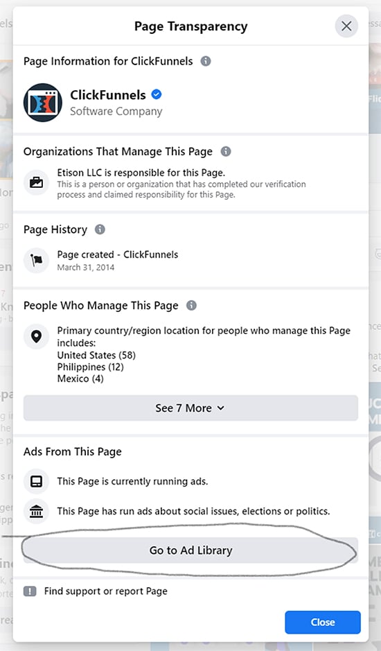Facebook Ads (With a Twist), facebook page transparency selection, "Go to Ad Library" option.