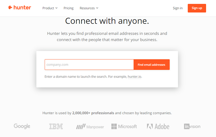 Find Contact Details of Your Dream Customers, hunter.io example.