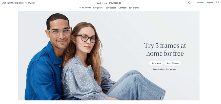 Warby Parker homepage quiz example.