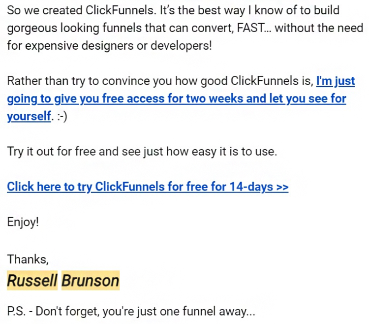 How Can You Effectively Nurture Leads, Clickfunnels, email example. 