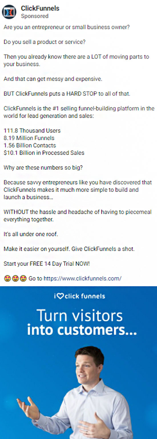 Clickfunnels Facebook ad directed at people who are only problem aware.