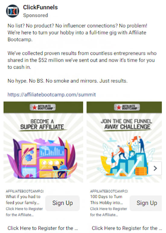 Clickfunnels ad targeting affiliate marketers.
