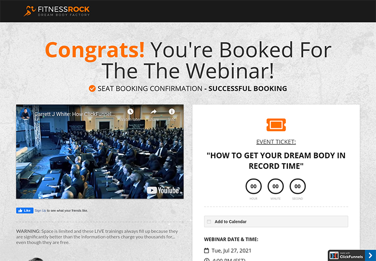 AutoWebinar Funnel, webinar confirmed/countdown page example.