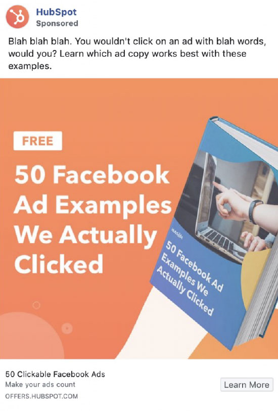 Retargeting, Hubspot, Facebook retargeting ad example. 