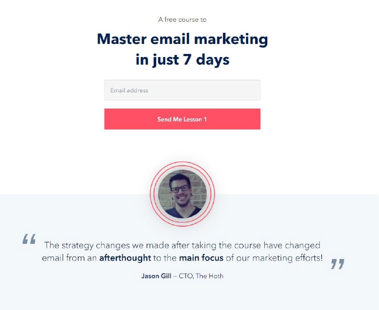 Free Course, Email mastery offer page example. 