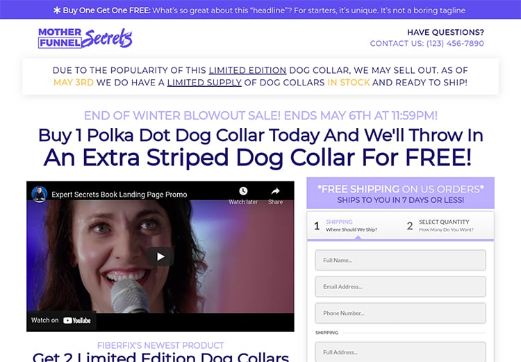 Tripwire Funnel, two-step sales page requiring shipping information example.