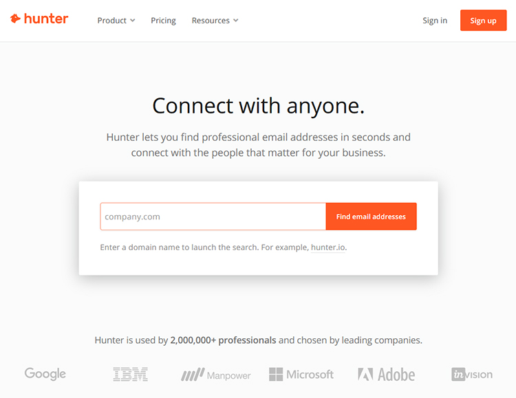 Create a System For Sourcing Prospects, Hunter.io website homepage.