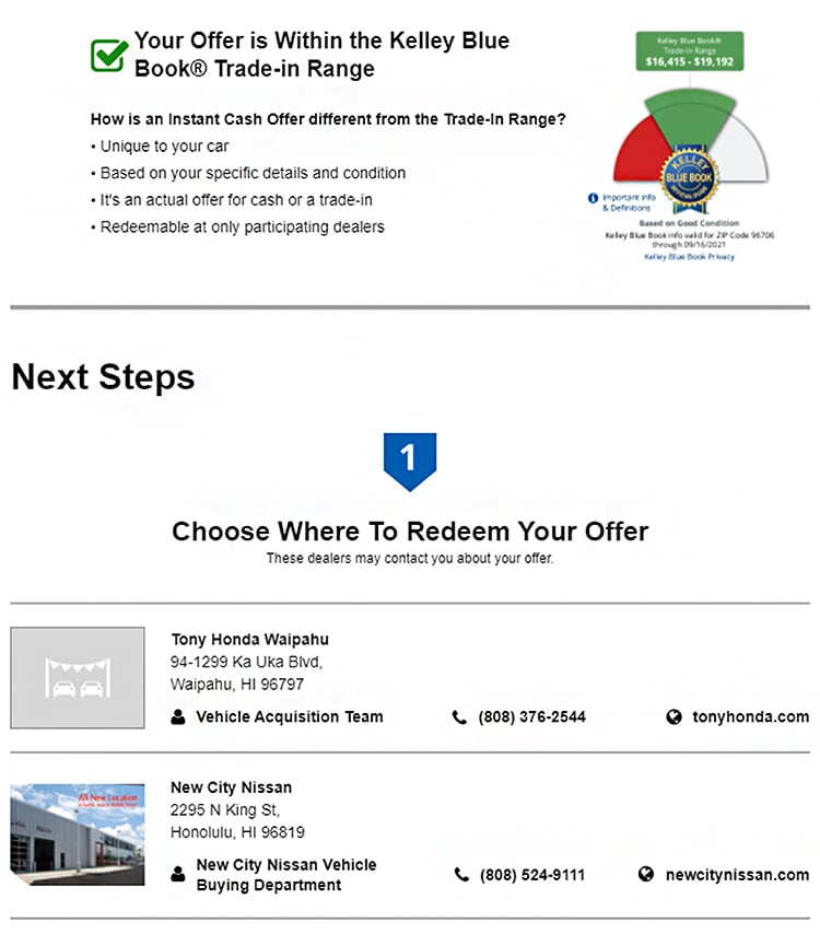 Kelley Blue Book, instant cash offer landing page example. 
