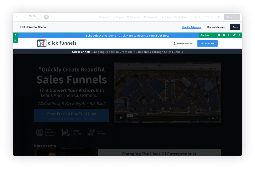 Click Funnels 2.0 global element page editor