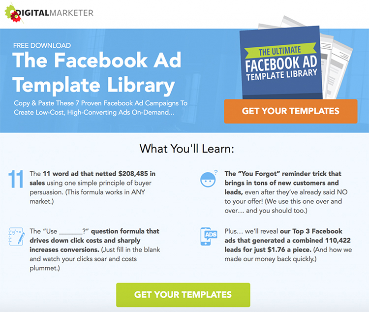 Start With a Sales Funnel. Digital Marketer Facebook Ad Template, Free Download, Lead Magnet example.