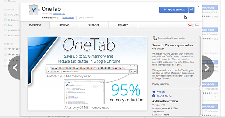OneTab on Google Chrome