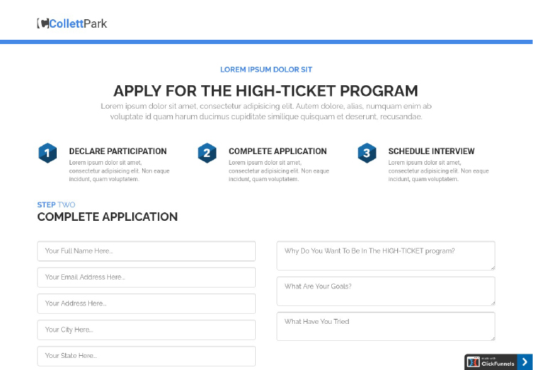 The Application Funnel, application page example.