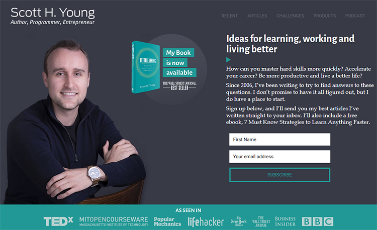 Squeeze Page Example: Scott H. Young’s Homepage. 