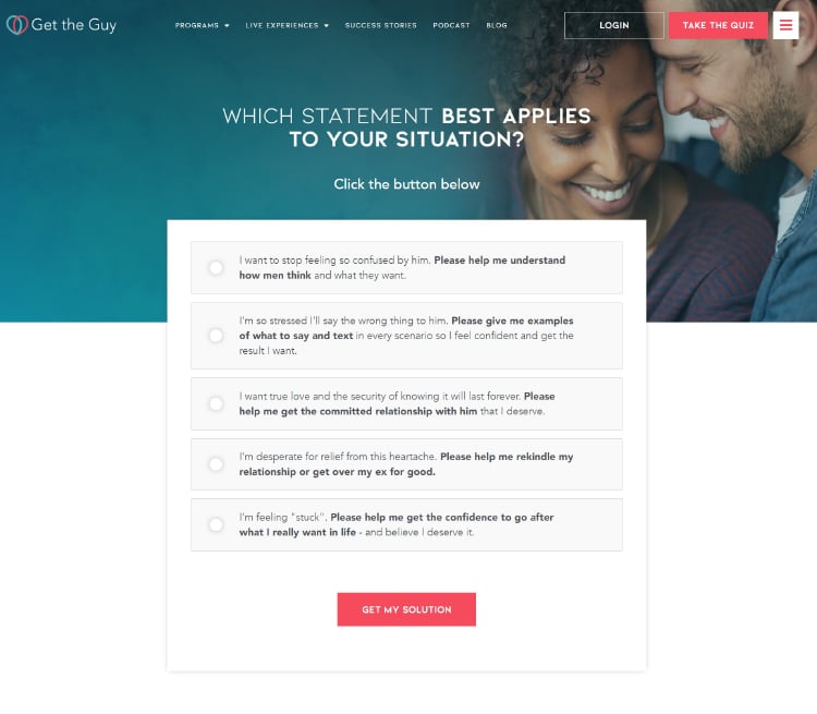 Get The Guy Homepage, survey page example.