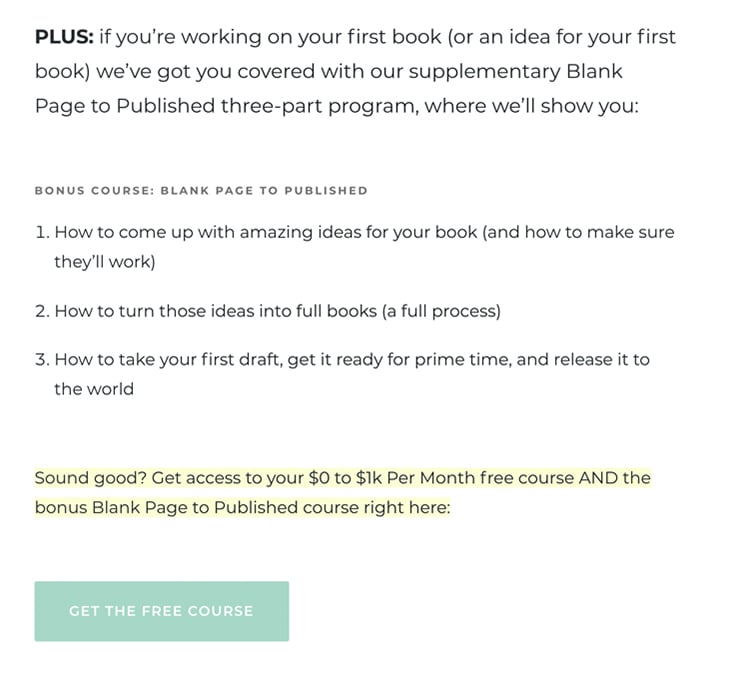 Your First 10K Readers, $0 to $1k Per Month bonus course example. 