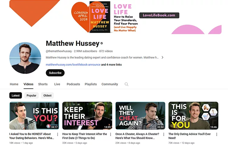 Matthew Hussey Youtube channel screenshot. 