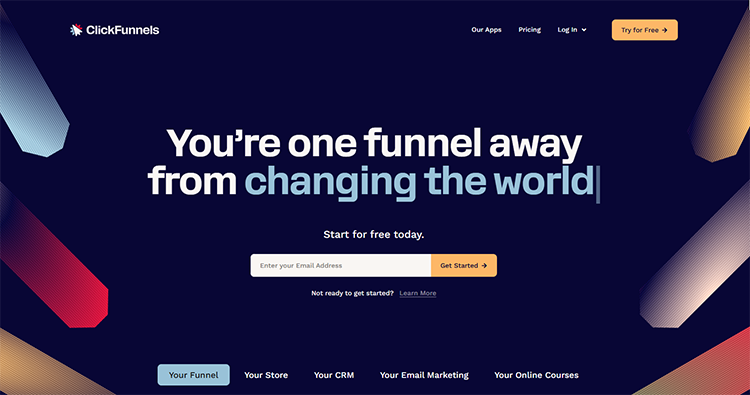 ClickFunnels homepage featuring a call-to-action for a free trial, highlighting benefits such as zero computer skills needed and effective marketing, selling, and delivery.