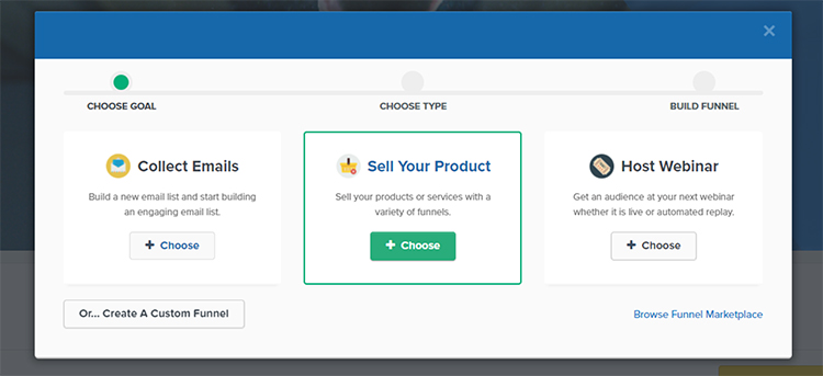 Using ClickFunnels to Create Sales Funnel Landing Pages, goal selection. 