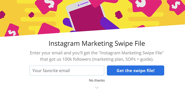 Create Content Upgrades for Your Most Popular Blog Posts, Instagram swipe file pop-up example. 