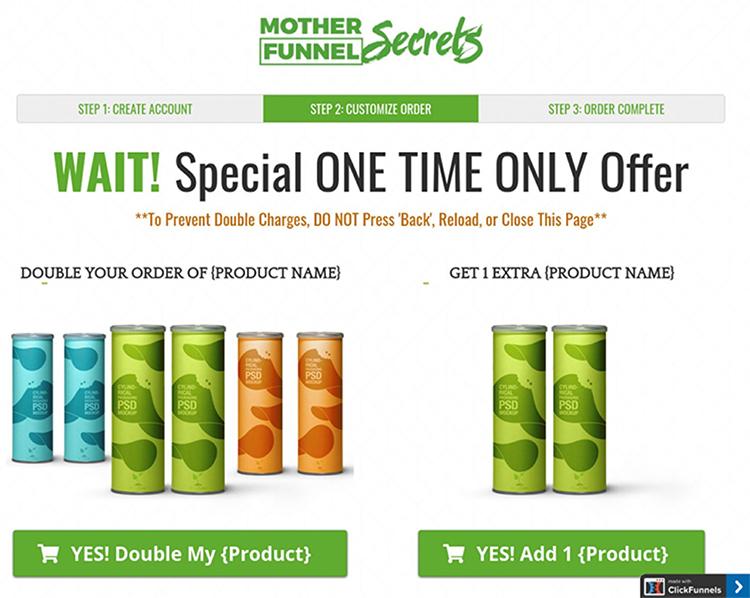Upsells, Downsells, & Order Bumps, Oh My! Mother funnel secrets upsell example. 