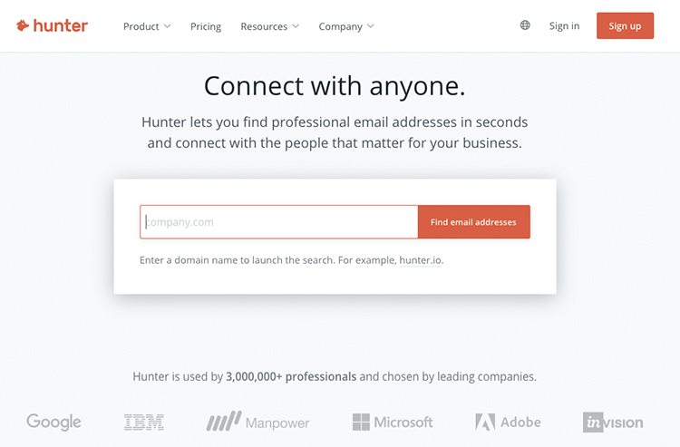 Find Their Email Address, hunter.io example. 