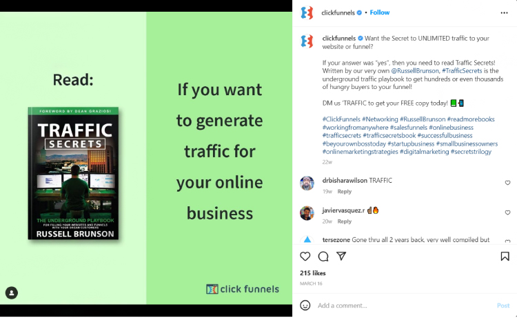 Post that promotes our co-founder Russell Brunson’s book “Traffic Secrets” that we use as one of our lead magnets.