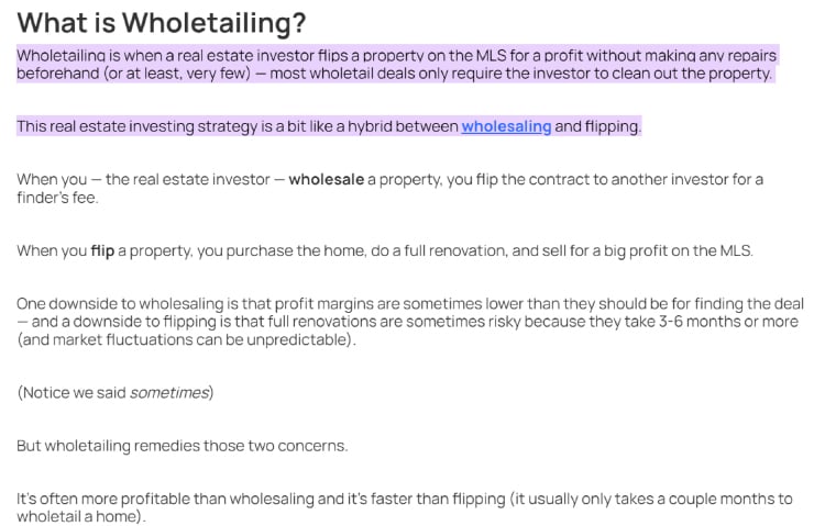 Consider Featured Snippets, Inside the ranking article above, here’s what that looks like…"what is wholetailing" definition.