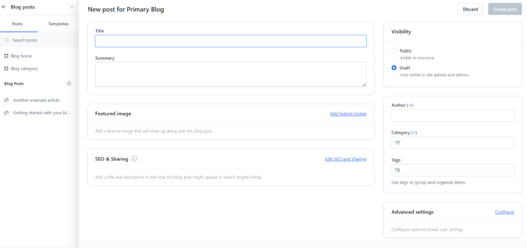 Add a featured image, edit the SEO and sharing settings, choose an author, create tags, and advanced settings.