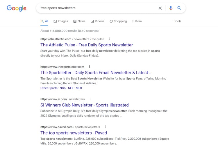 Here, for example, is what comes up when I search for sports newsletters…serp results for "free sports newsletters"