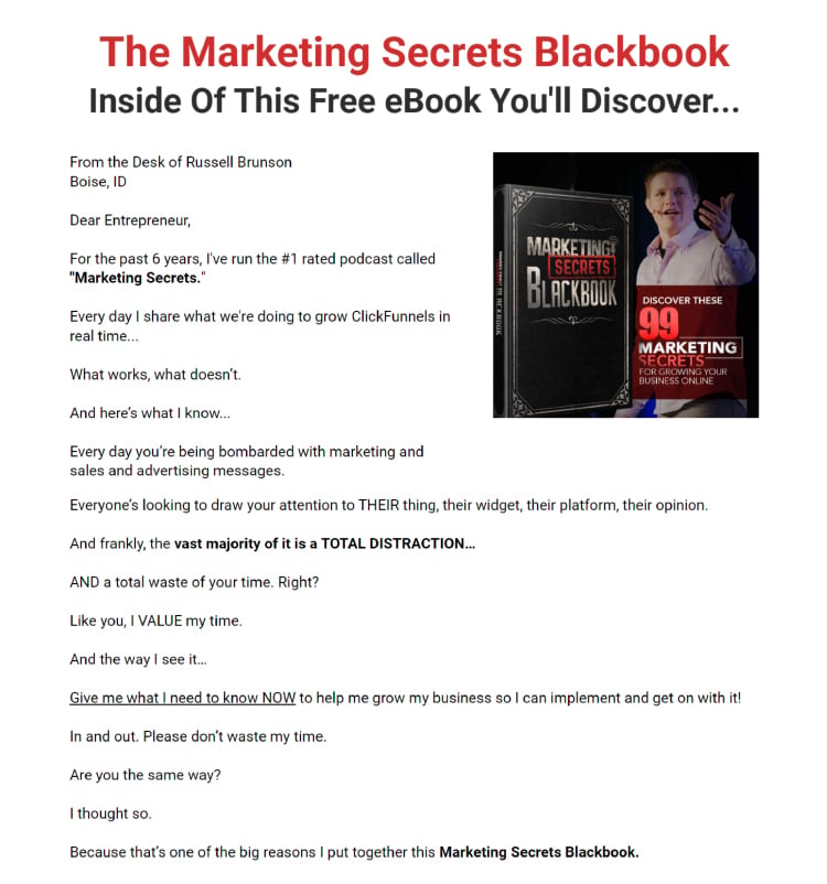 Below it you’ll find the body copy that starts with Russel pitching the #1 benefit of this ebook